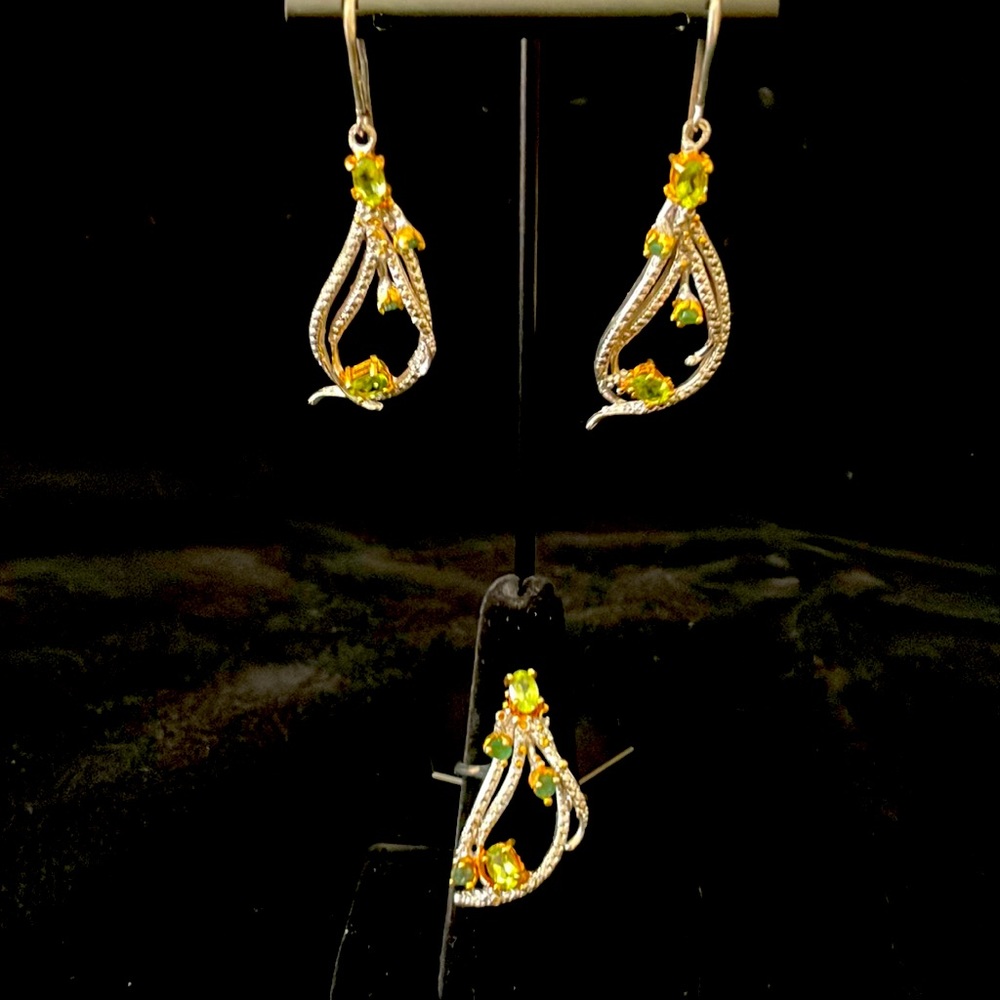Silver and emerald/ citrine earrings and ring set handmade unique